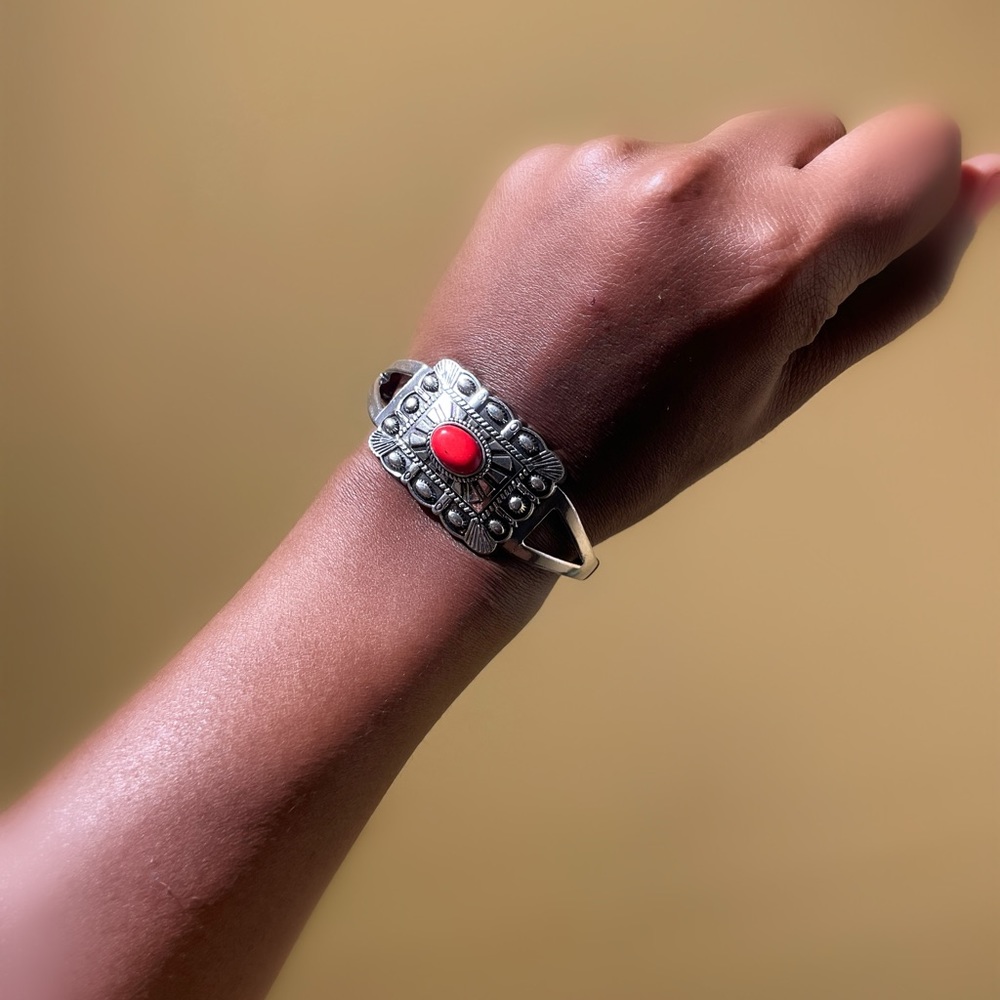 Silver Aztec Cuff Bracelet (Red Stone )